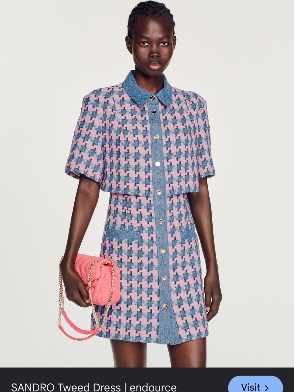 Sandro Pink and Blue Tweed Short-Sleeve Button Dress